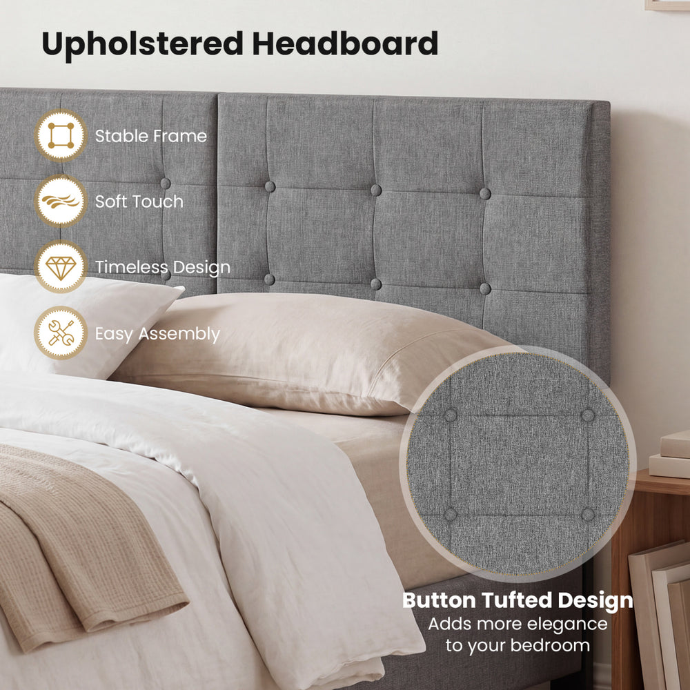 Upholstered headboard with adjustable width, featuring breathable linen fabric and button tufted design for modern elegance.