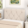 Close-up of beige upholstered headboard with button tufted design, adjustable height, enhancing comfort and style for.