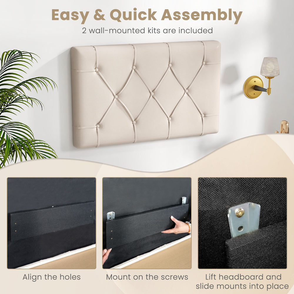 Beige upholstered headboard for twin size bed with button tufted design, featuring easy wall-mounted assembly.