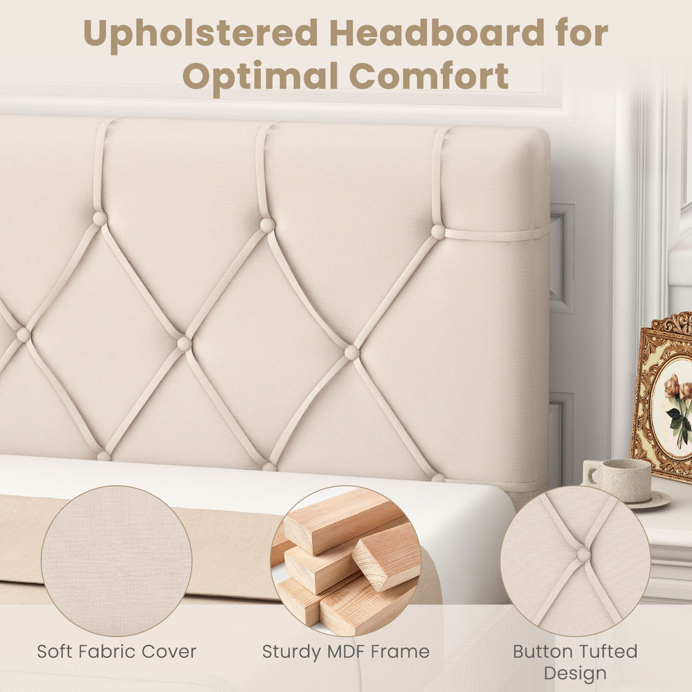 Beige upholstered headboard with button tufted design, adjustable height, and sturdy MDF frame for twin size bed.