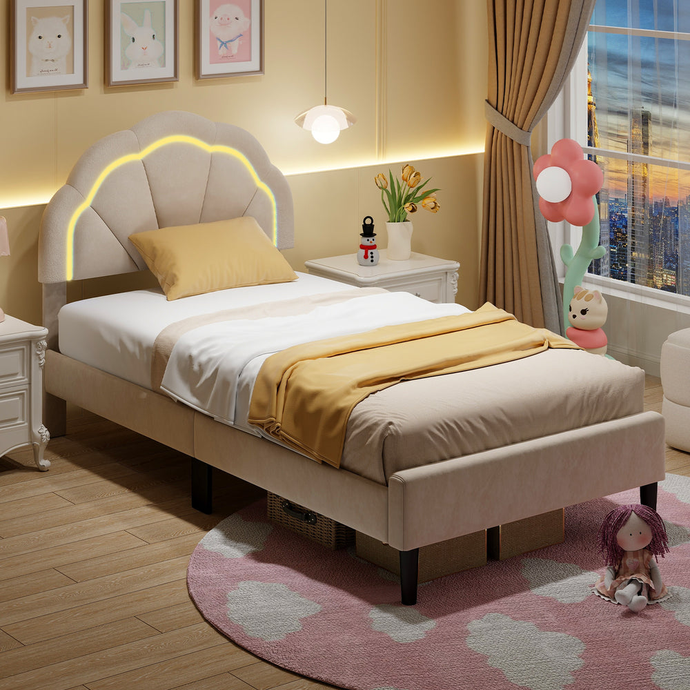 Upholstered twin bed frame with adjustable flower headboard, LED lights, and metal support feet for stylish bedroom.