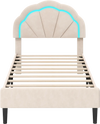 Upholstered twin bed frame with adjustable flower headboard, LED lights, and sturdy metal support feet for stylish.