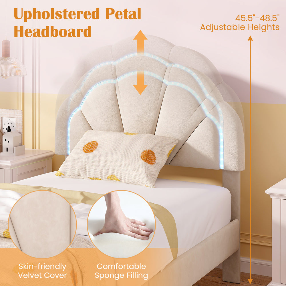 Upholstered petal headboard with adjustable heights and LED lights, perfect for a chic twin bed setup.