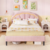 Upholstered pink LED bed frame with adjustable flower headboard, featuring solid wood legs and ample under-bed storage.