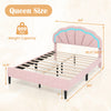 Upholstered LED queen bed frame in pink with adjustable flower headboard and sturdy metal support for stylish bedroom.