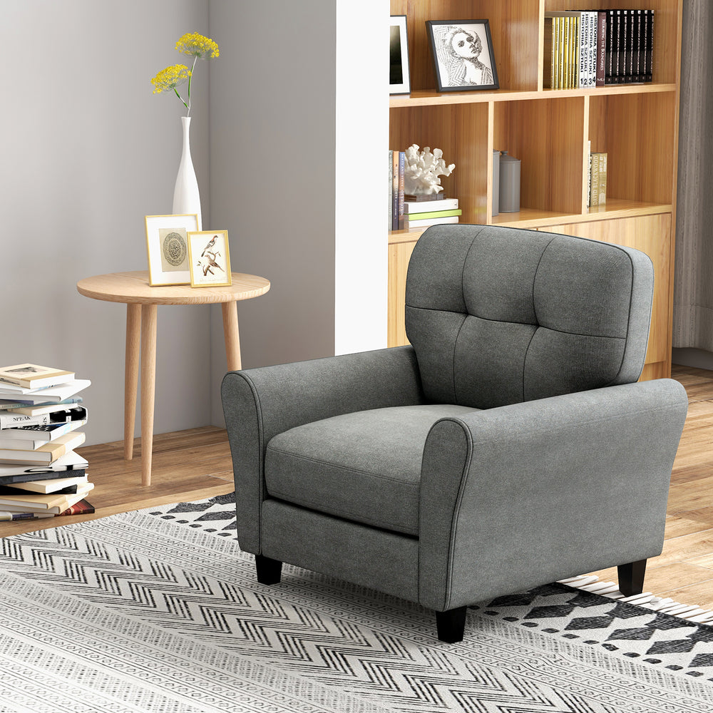 Gray modern upholstered accent chair with rubber wood legs, featuring a detachable back cushion for versatile comfort.