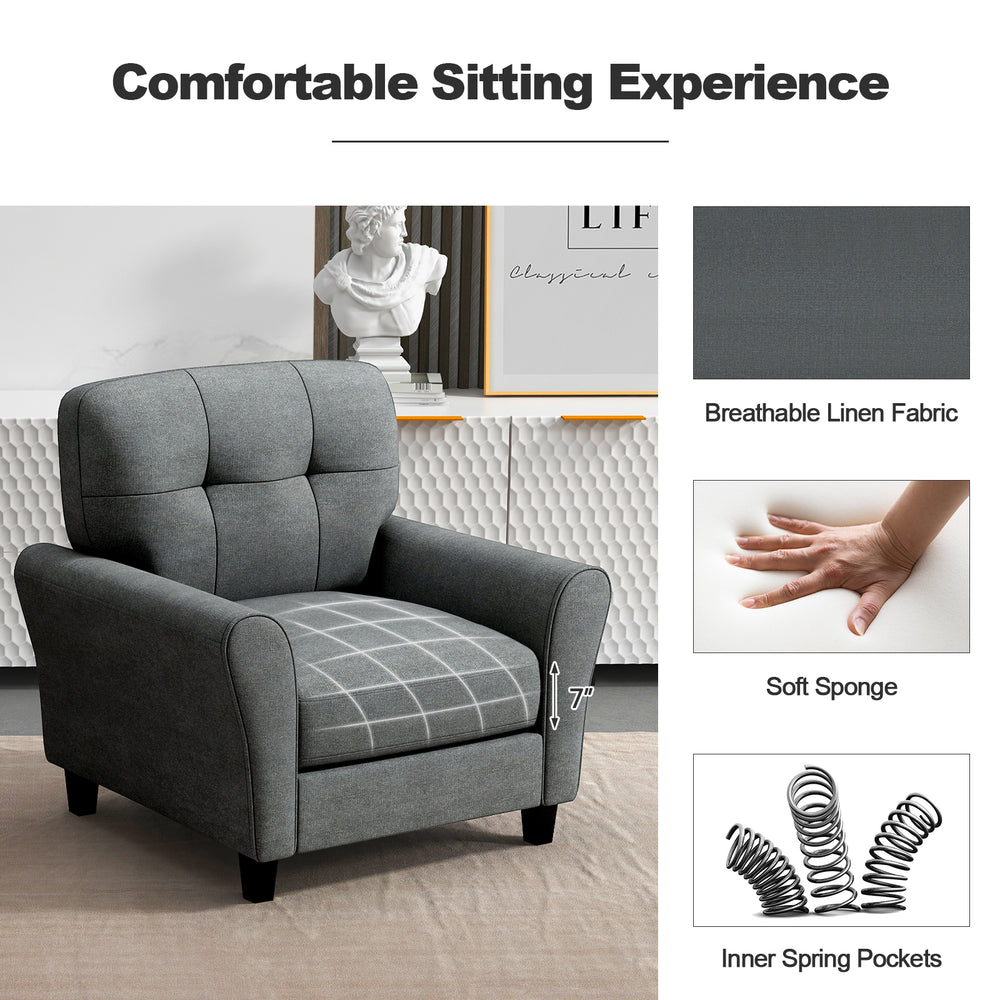 Modern gray upholstered accent chair with rubber wood legs, featuring breathable linen fabric and soft sponge for.