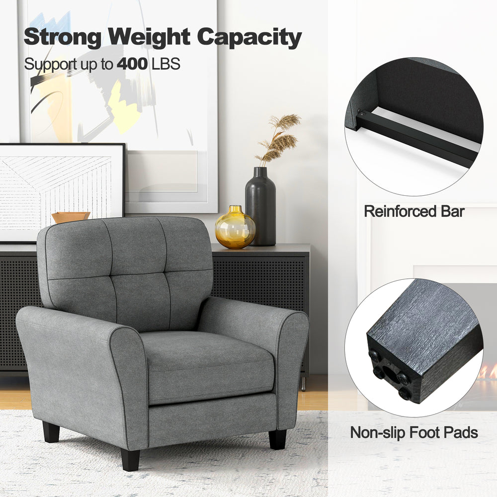 Modern gray upholstered accent chair with rubber wood legs, featuring a detachable back cushion and anti-slip foot pads.