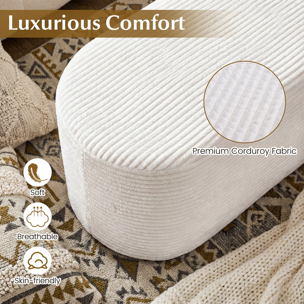 Beige upholstered ottoman bench featuring breathable corduroy fabric and high-density sponge for comfortable support.