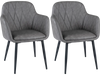 Set of 2 gray upholstered PU leather kitchen chairs with curved back, wide seat, and sturdy metal legs for dining comfort.