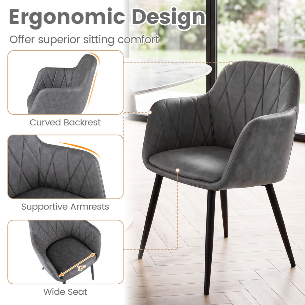 Curved back and wide seat of gray PU leather kitchen chairs set of 2 provide superior comfort for dining and home offices.