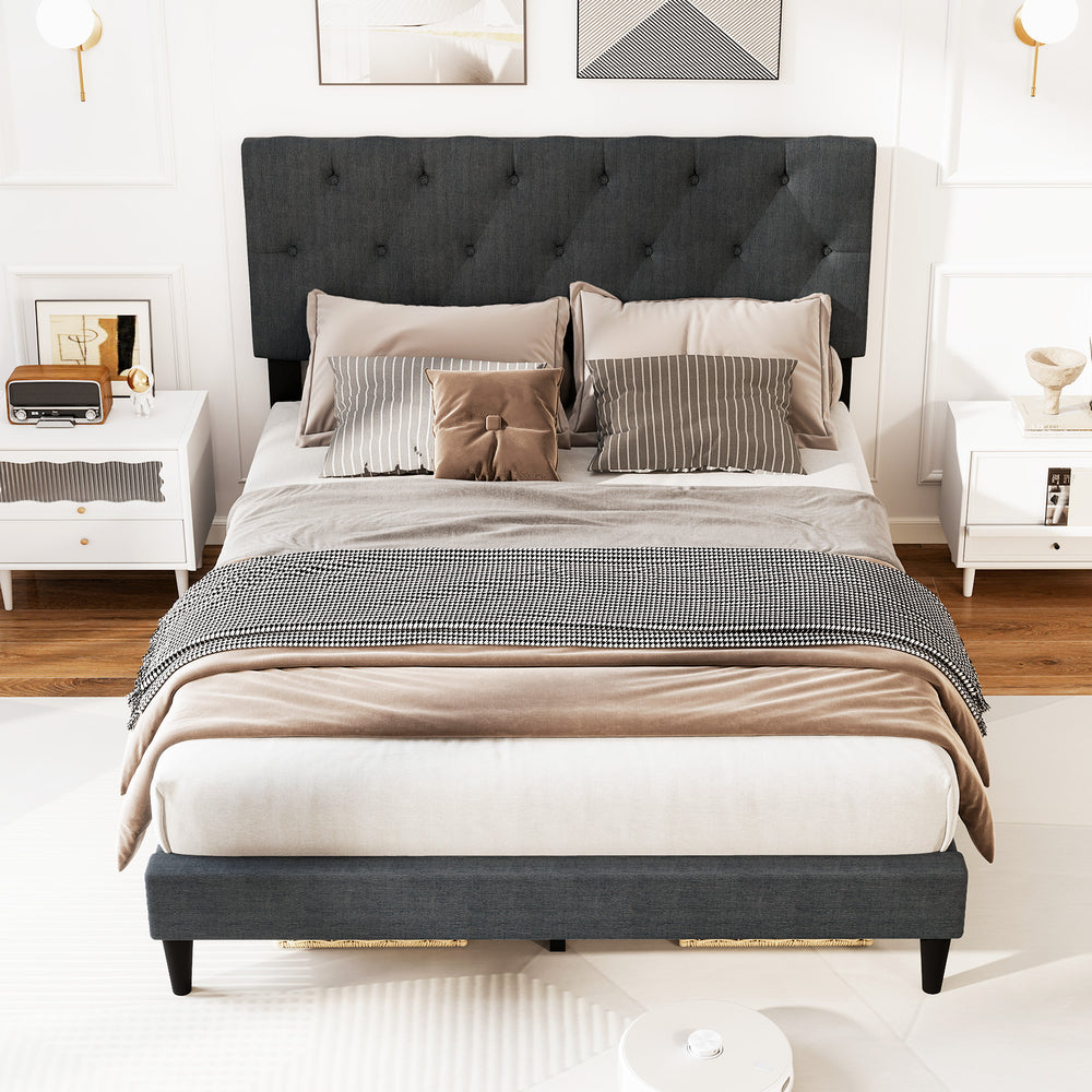 Upholstered Platform Bed with Tufted Headboard and Wooden Slats Gray-Full Size - Gallery View 1 of 10