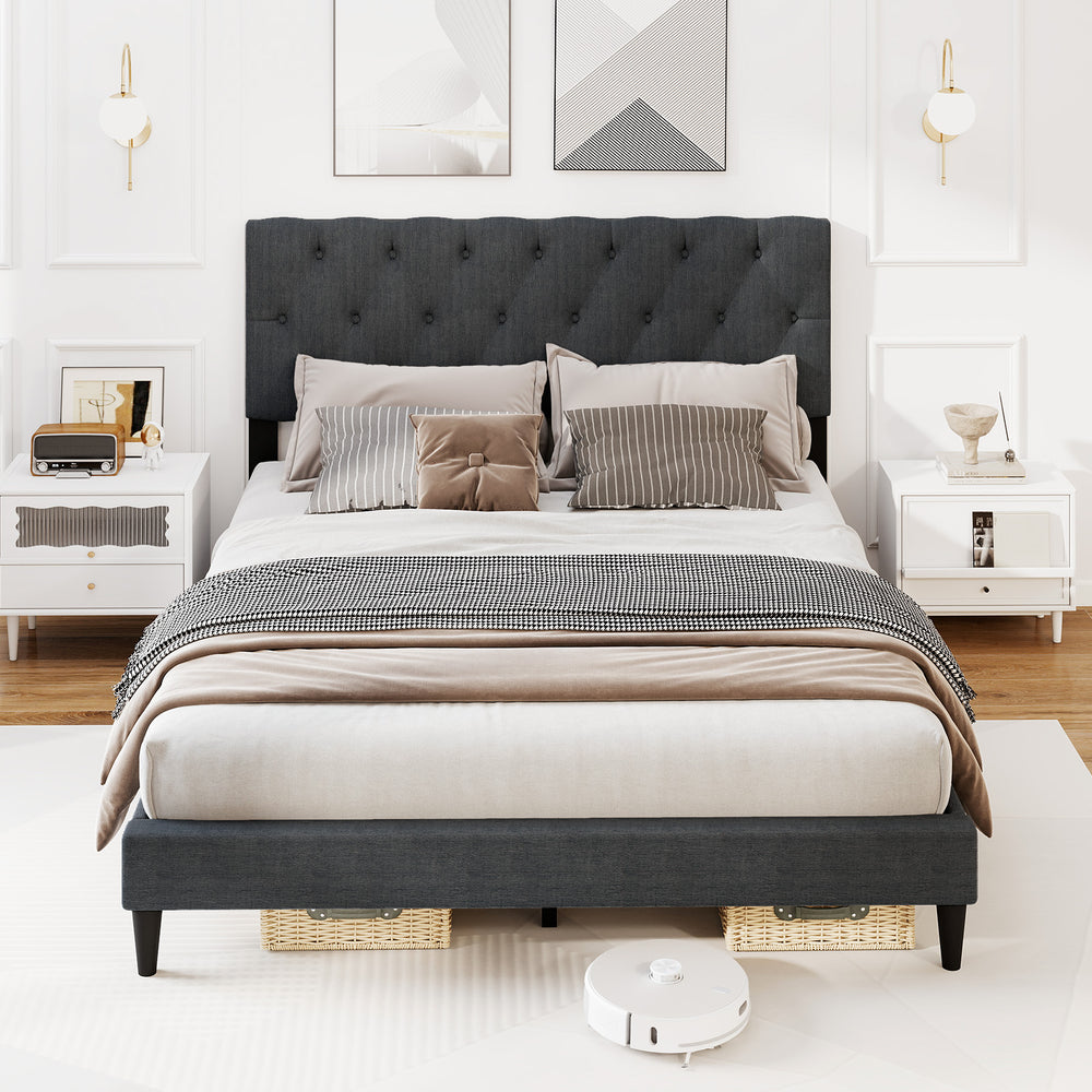 Upholstered Platform Bed with Tufted Headboard and Wooden Slats Gray-Queen Size - Gallery View 1 of 10