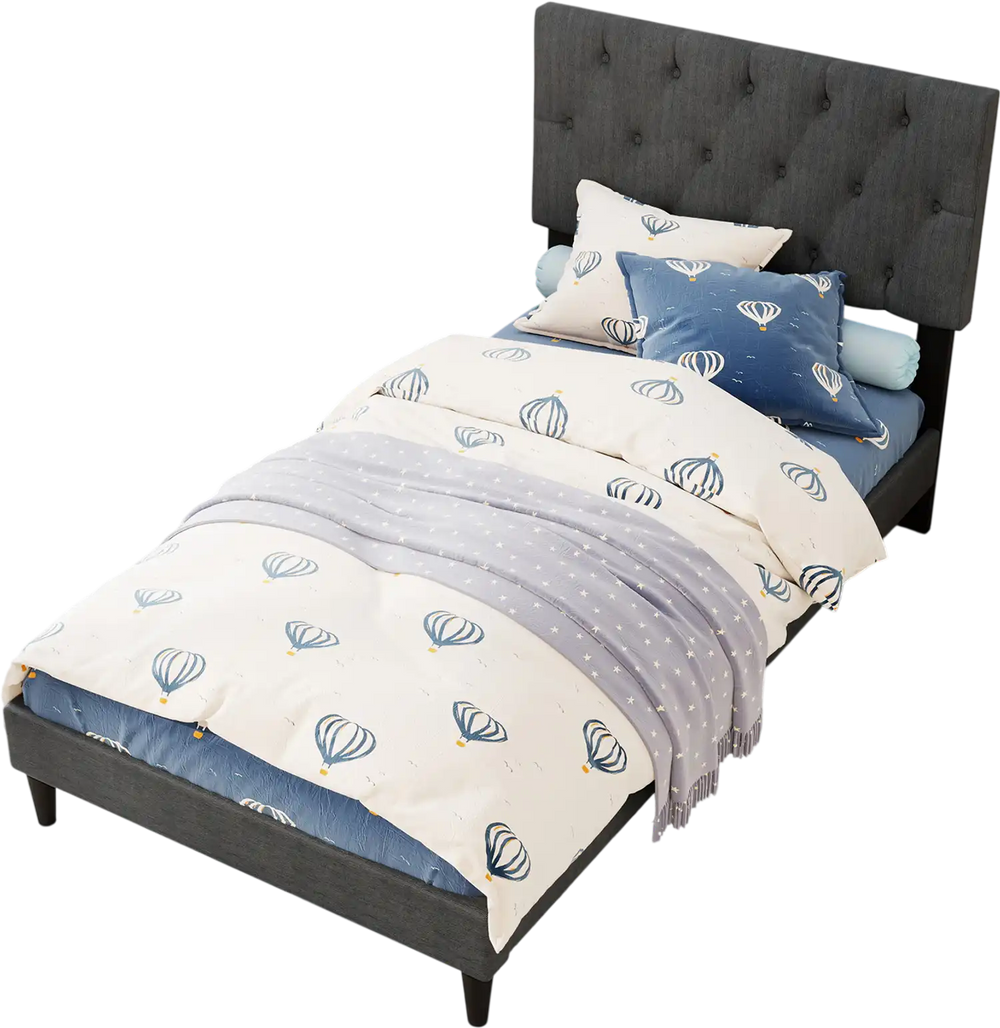 Tufted gray upholstered platform bed with wooden slats, featuring a soft padded surface and modern design for twin size.