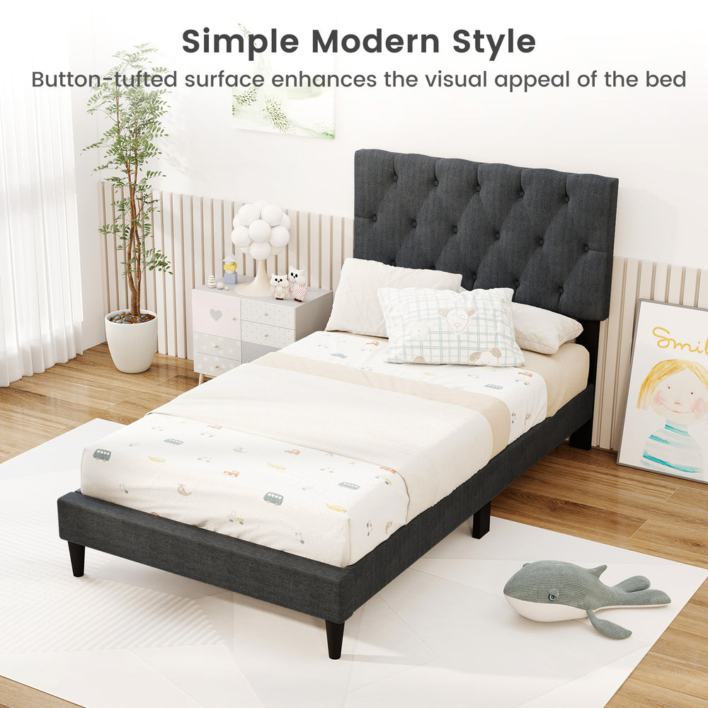 Upholstered twin platform bed in gray with tufted headboard and wooden slats, perfect for modern bedroom decor.