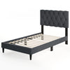Gray upholstered platform bed with tufted headboard and wooden slats, twin size, no box spring needed for easy setup.