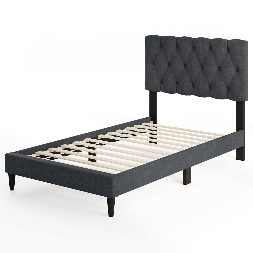 Gray upholstered platform bed with tufted headboard and wooden slats, twin size, no box spring needed for easy setup.