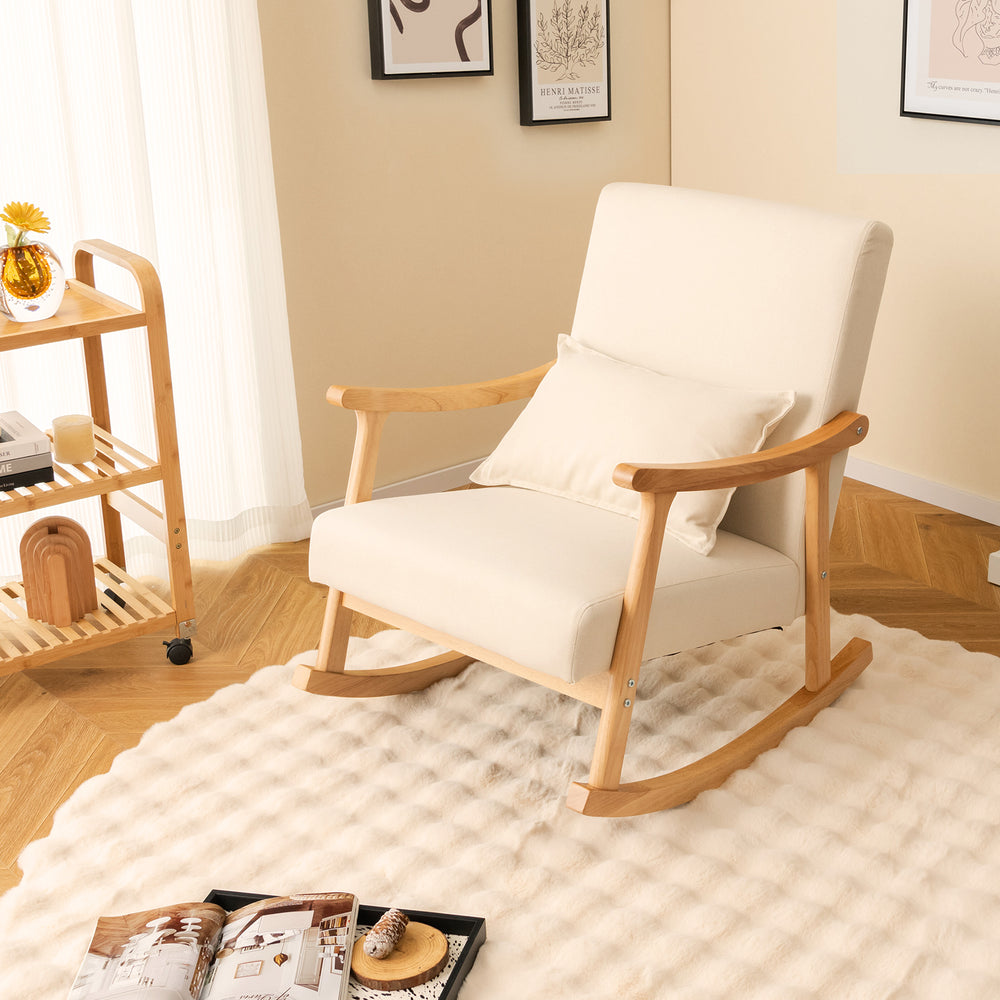 Upholstered Rocking Chair with Pillow and Rubber Wood Frame-Beige - Gallery View 1 of 11