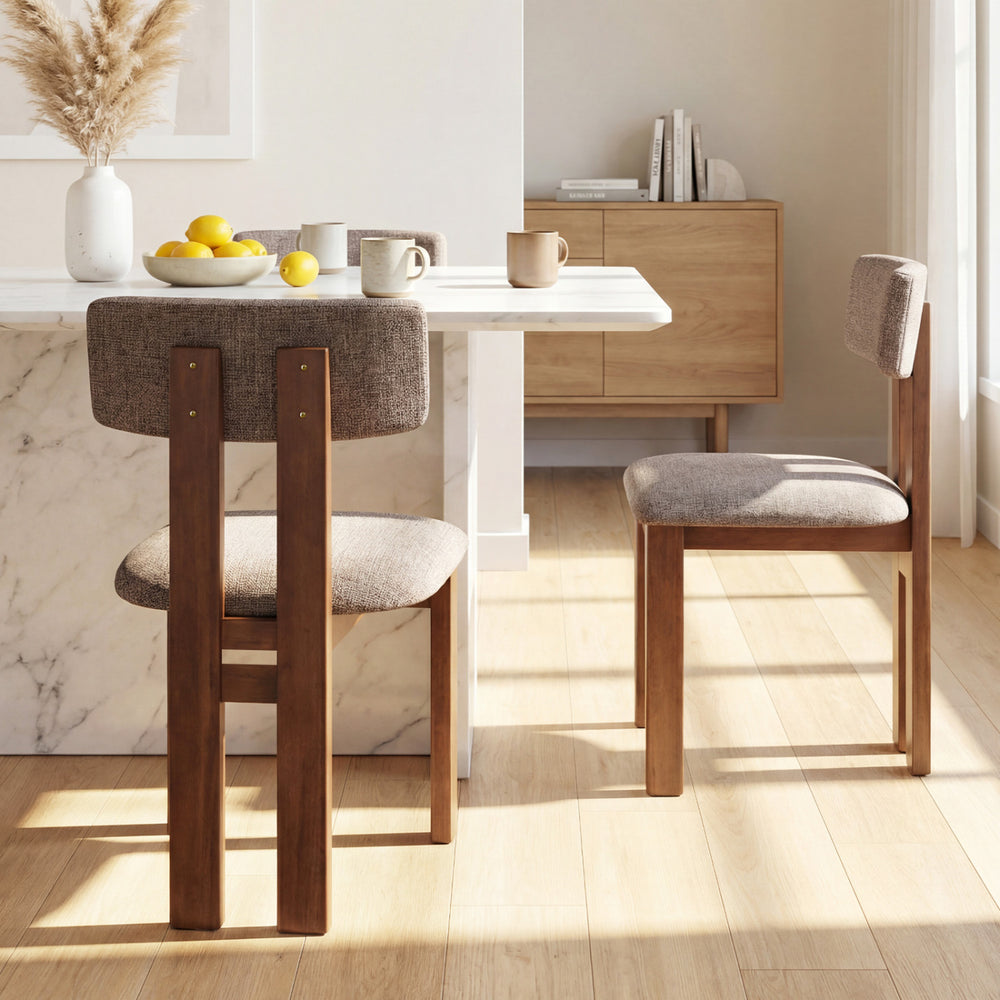 Upholstered rubber wood dining chairs set of 2 with curved backrest in walnut finish, perfect for dining rooms.