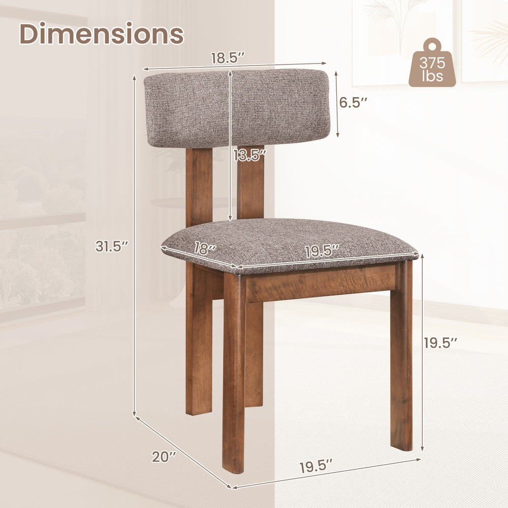 Upholstered dining chair dimensions with curved backrest, walnut rubber wood, supports up to 375 lbs for durable use.