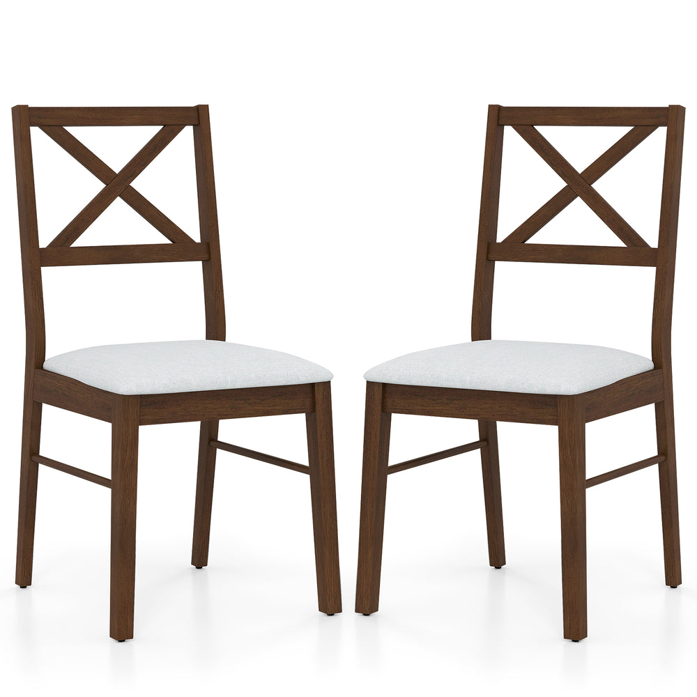 Set of 2 upholstered side dining chairs with rubber wood frame, brown finish, featuring ergonomic cross-shaped.