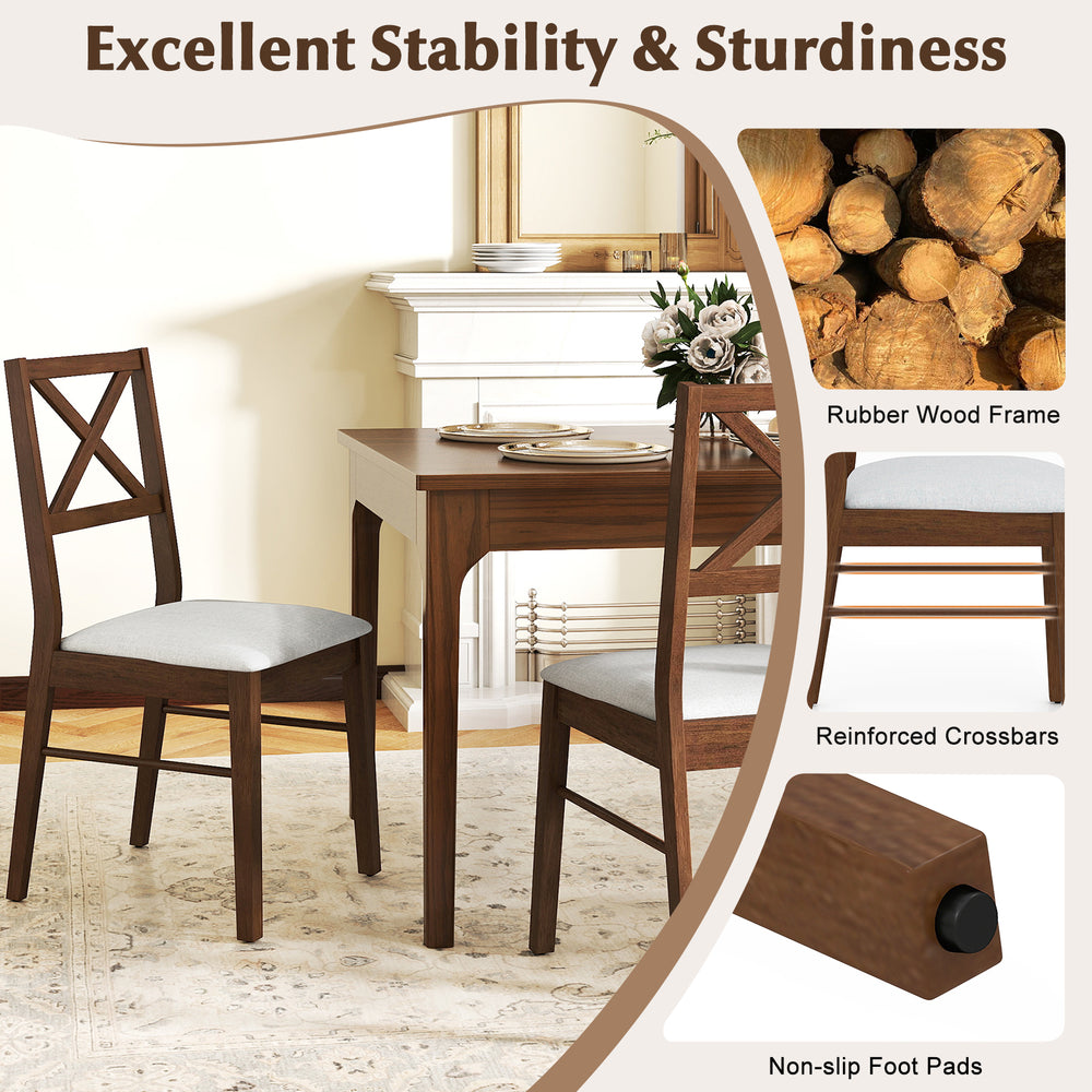 Upholstered side dining chairs set of 2 in brown with rubber wood frame, featuring ergonomic backrest and non-slip foot.