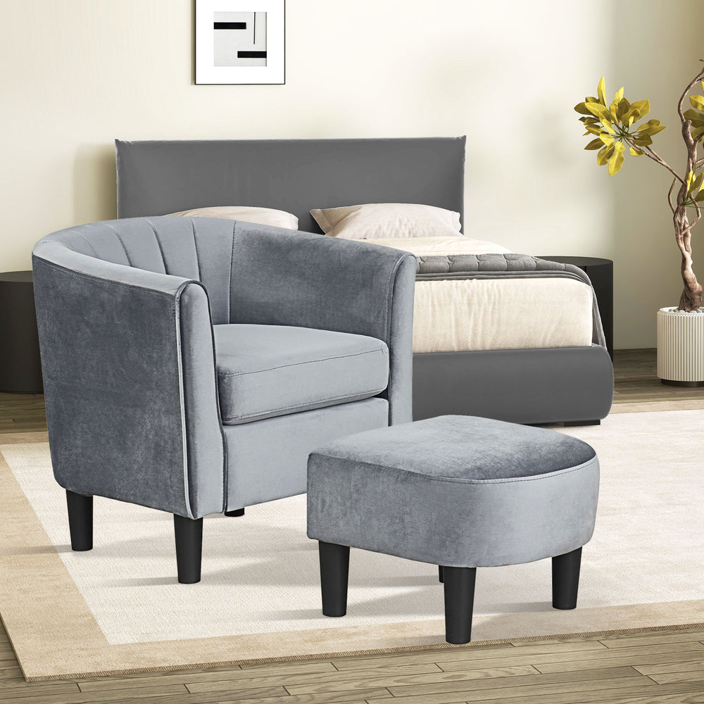 Upholstered Teddy Velvet Club Barrel Chair with Ottoman with Footrest-Gray - Gallery View 1 of 9