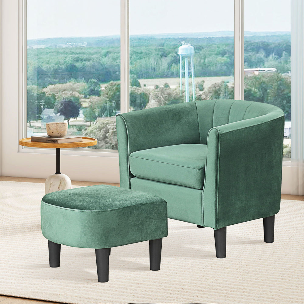 Green upholstered teddy velvet club barrel chair with ottoman, featuring a solid frame and wrap-around backrest for.