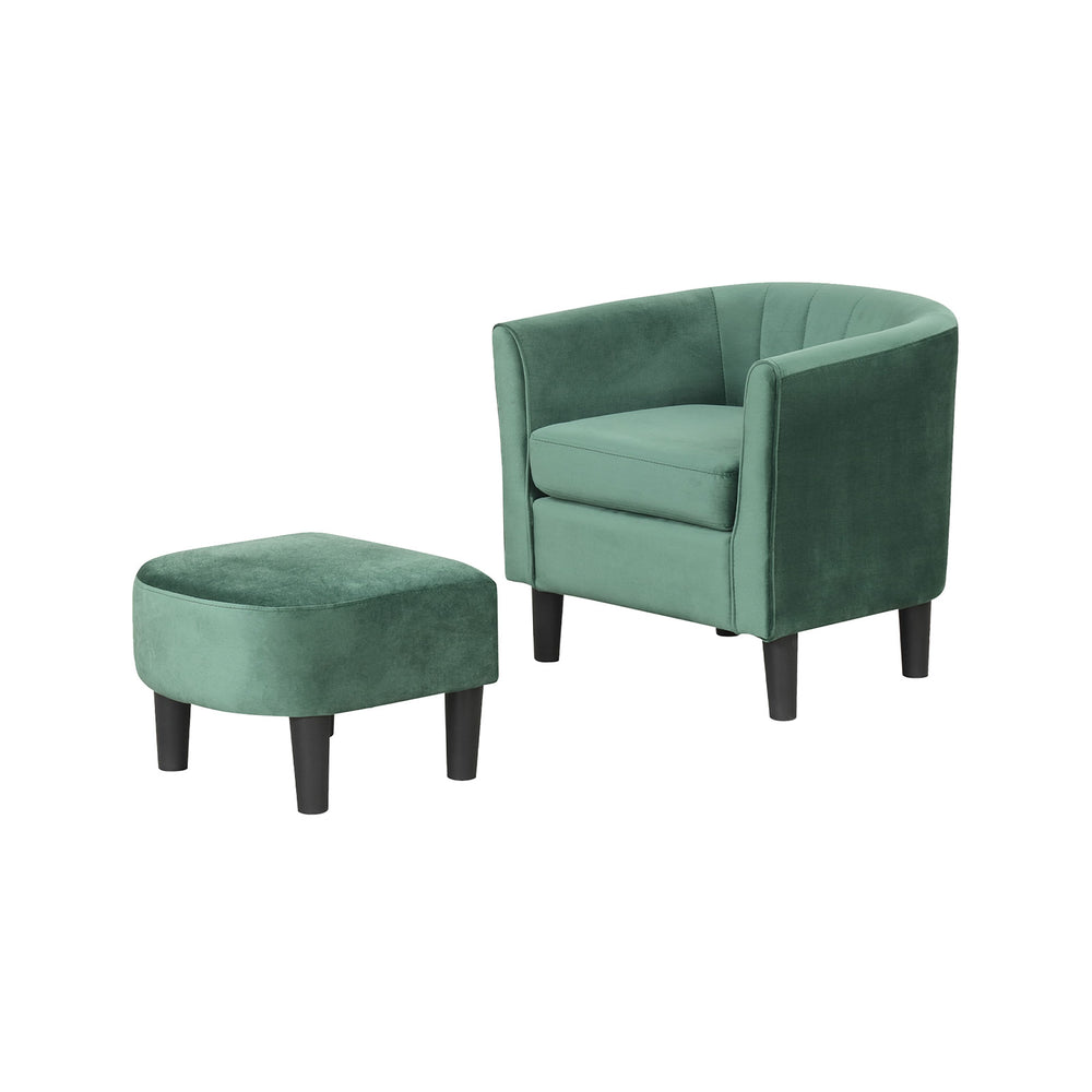 Green upholstered teddy velvet club barrel chair with ottoman, featuring a solid frame and ultimate comfort for.