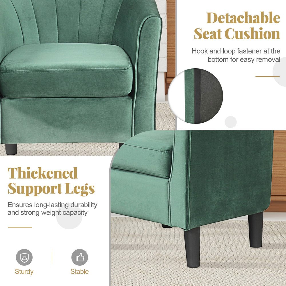 Upholstered teddy velvet club barrel chair in green with detachable seat cushion and thickened support legs for.