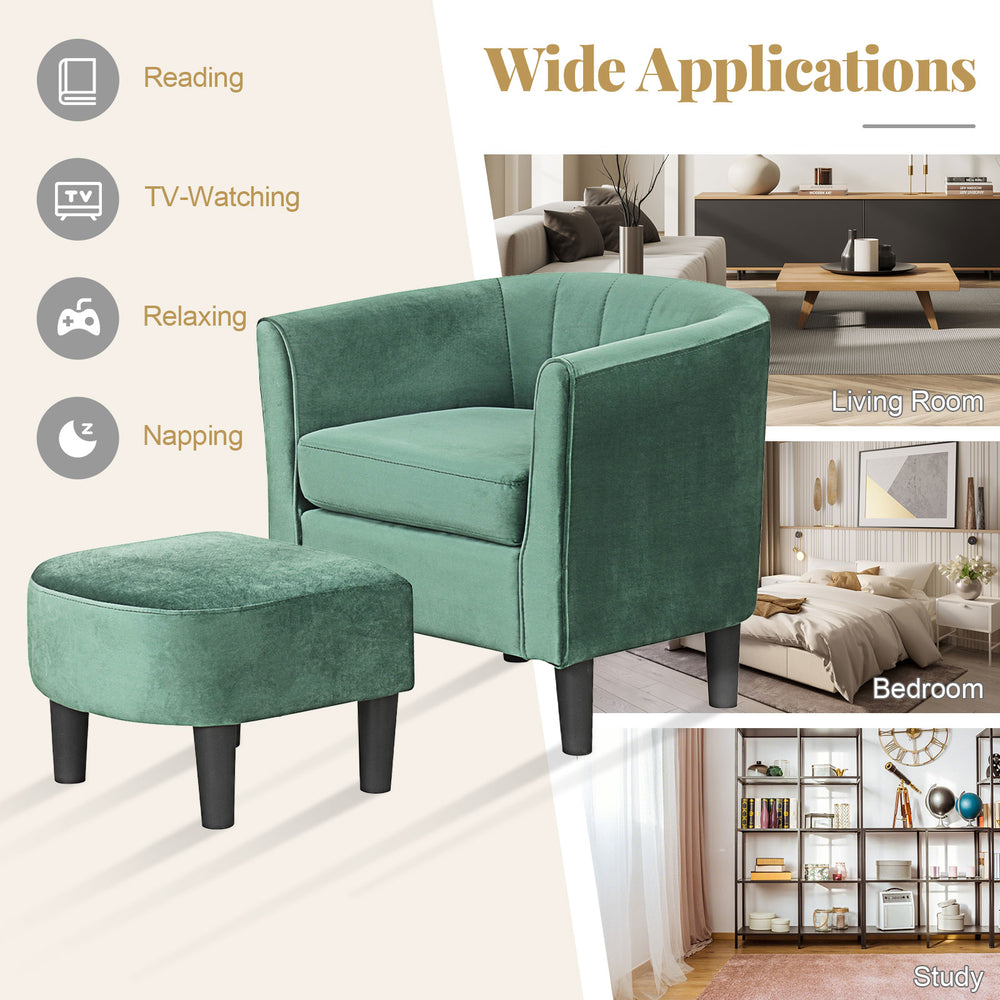 Upholstered green teddy velvet club barrel chair with ottoman, ideal for living room, bedroom, or office relaxation.
