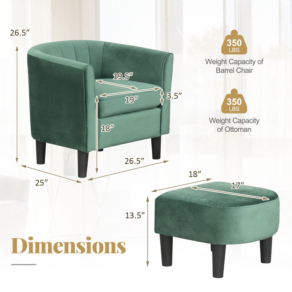 Green upholstered teddy velvet barrel chair with ottoman, featuring dimensions and weight capacity details for.