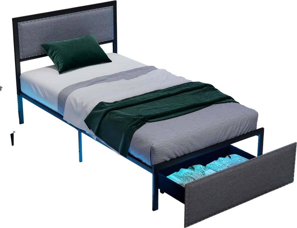 Twin size bed frame with LED lights, upholstered in linen, featuring a rolling drawer for organized storage.