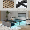 Twin size bed frame with LED lights, metal slats, and rolling drawer storage for organized bedroom space.