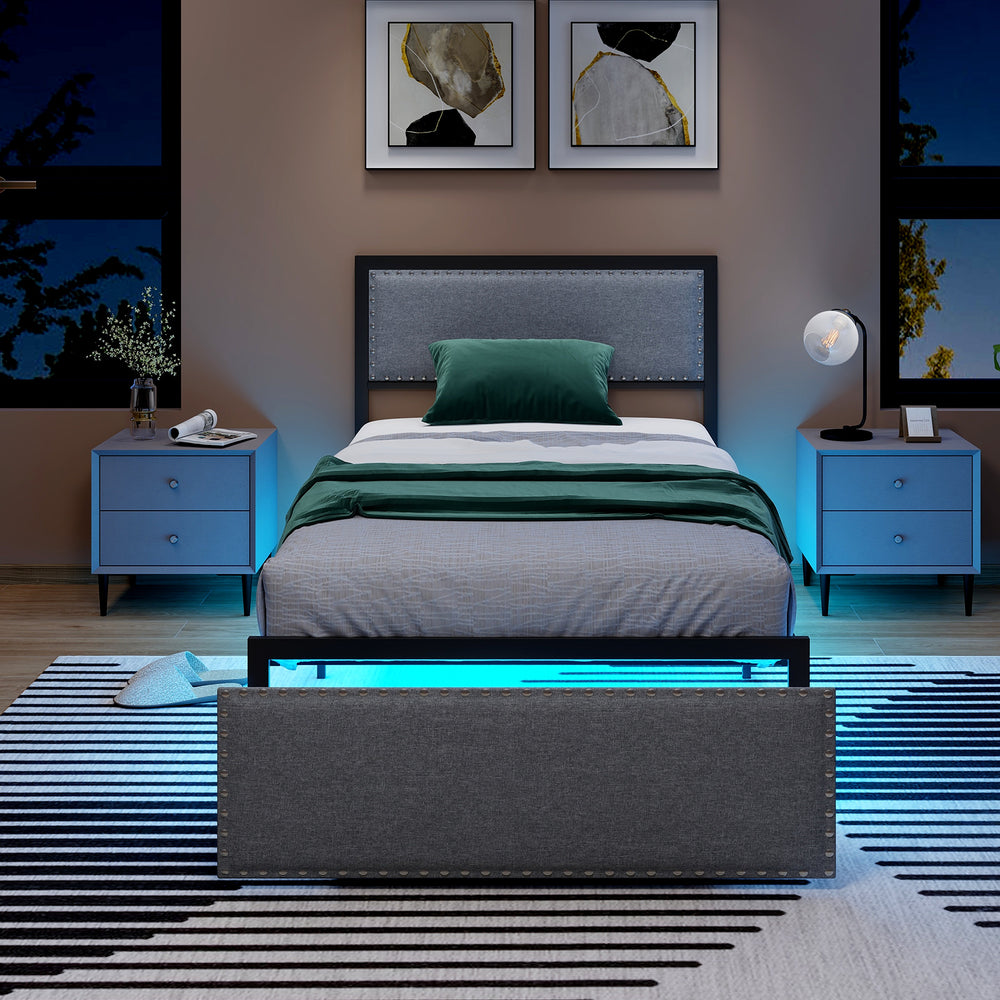 Twin size bed frame with LED lights, upholstered linen, metal slats, and rolling drawer storage for organized bedrooms.