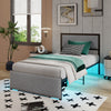 Twin size bed frame with LED lights, upholstered in linen fabric, featuring drawer storage and metal slats for.