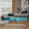 Full size bed frame with 12" under-bed storage, upholstered in linen, featuring LED lights and metal slats for.