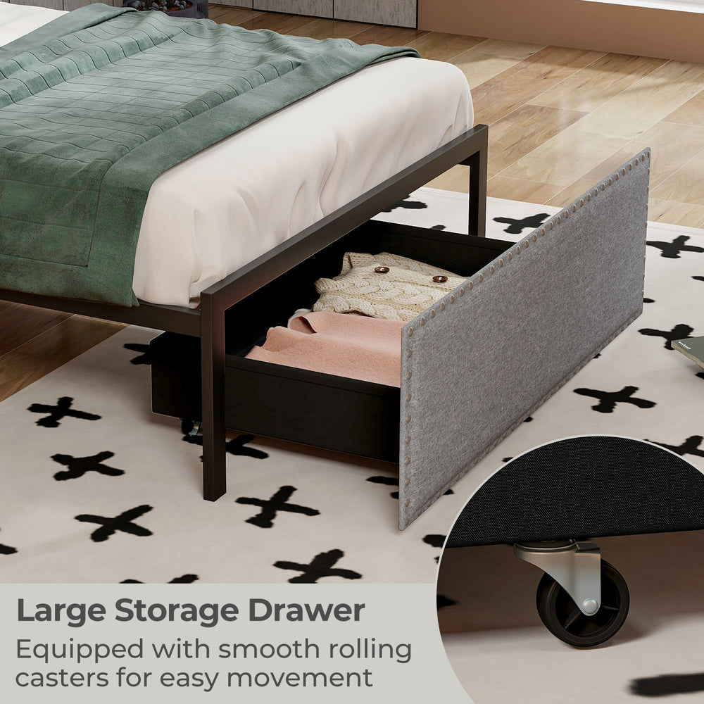 Large storage drawer of the twin size bed frame with smooth rolling casters for easy movement and organization.