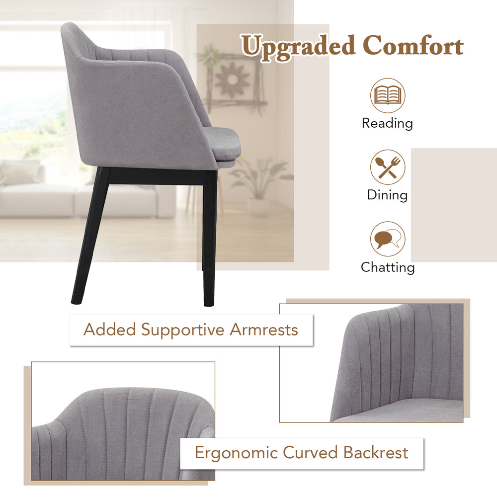 Curved backrest upholstered velvet dining chair in grey with supportive armrests, perfect for dining and chatting.