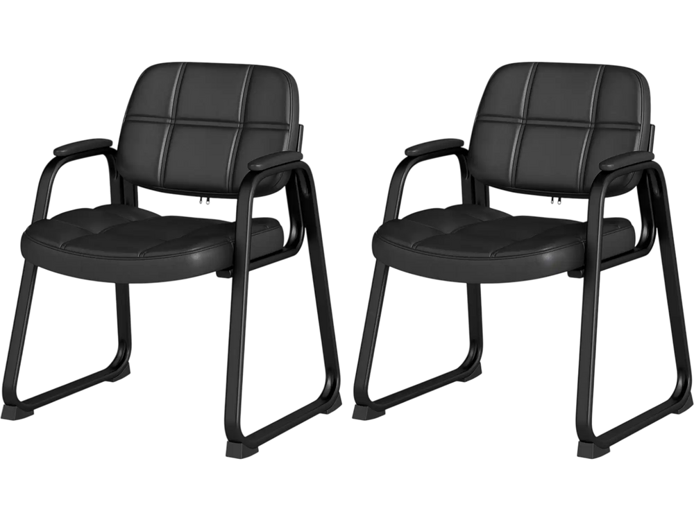 Set of 2 black PU leather waiting room chairs with ergonomic support and cushioned armrests for office or guest use.