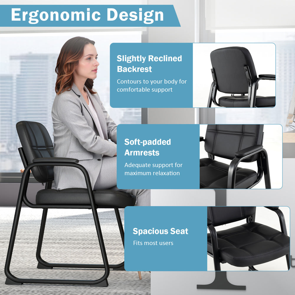 Set of 2 black PU leather waiting room chairs with ergonomic design, cushioned armrests, and spacious seats for comfort.