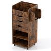 Utility trolley in rustic brown with 3 drawers, open shelves, and side hanging rods for organized storage on wheels.