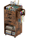 Utility trolley in rustic brown with 3 drawers, open shelves, and ribbon storage, perfect for organizing crafting.