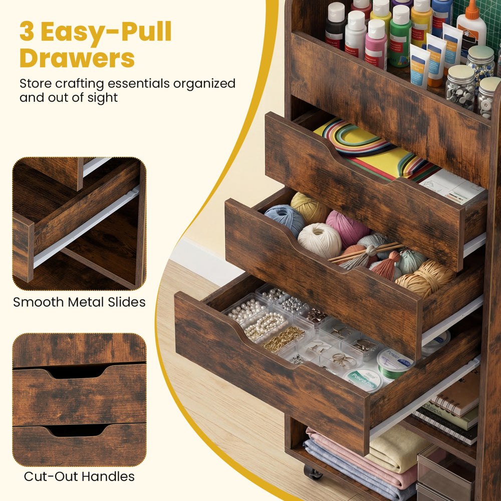 Utility trolley in rustic brown featuring 3 easy-pull drawers and open shelves for organized crafting storage.