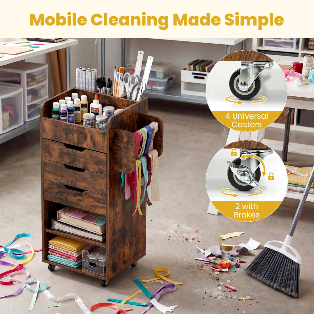 Utility trolley in rustic brown with 3 drawers, open shelves, and 4 casters for easy mobility and organized storage.