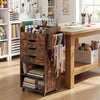 Utility trolley in rustic brown with 3 drawers and open shelves, ideal for organizing crafting supplies in style.