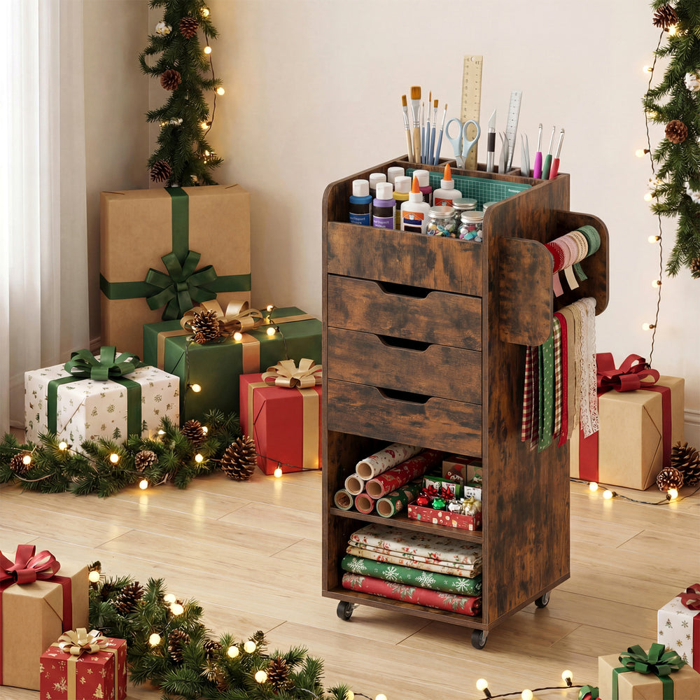 Utility trolley in rustic brown with 3 drawers and open shelves, ideal for organizing crafting essentials during the.
