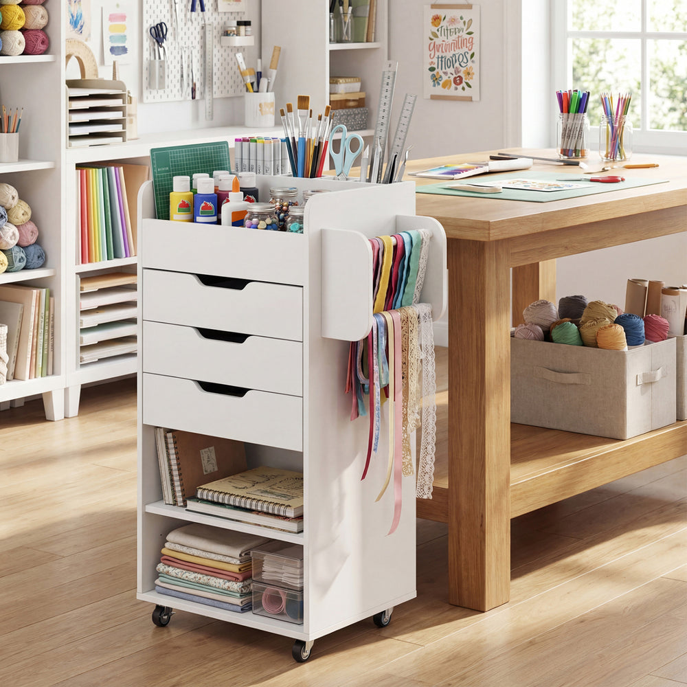 Utility Trolley with Open Shelves and 3 Drawers-White - Gallery View 1 of 11