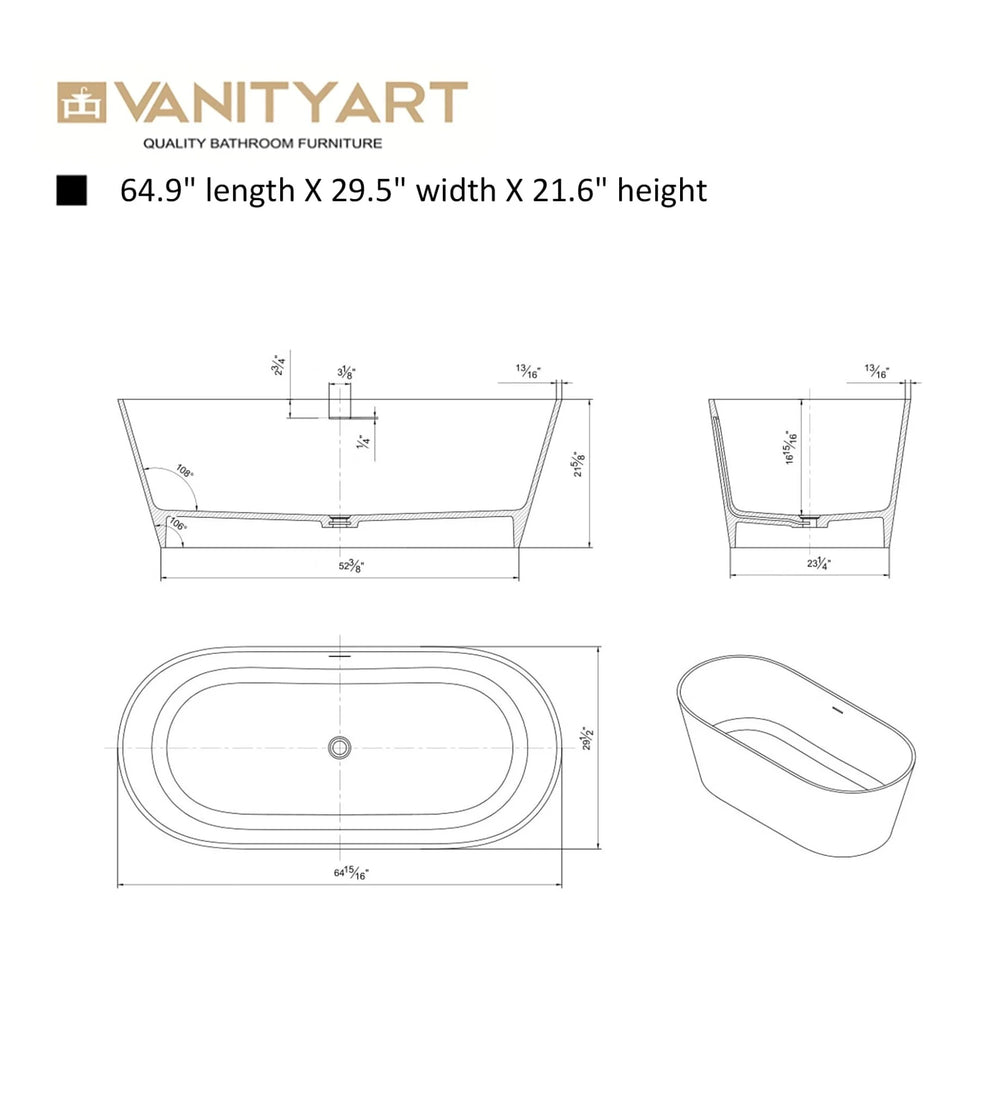 Vanity Art Alsace 65" Bathtub Free-Standing Center Drain Slotted Overflow Resin Stone Glossy White VA6912-GL New