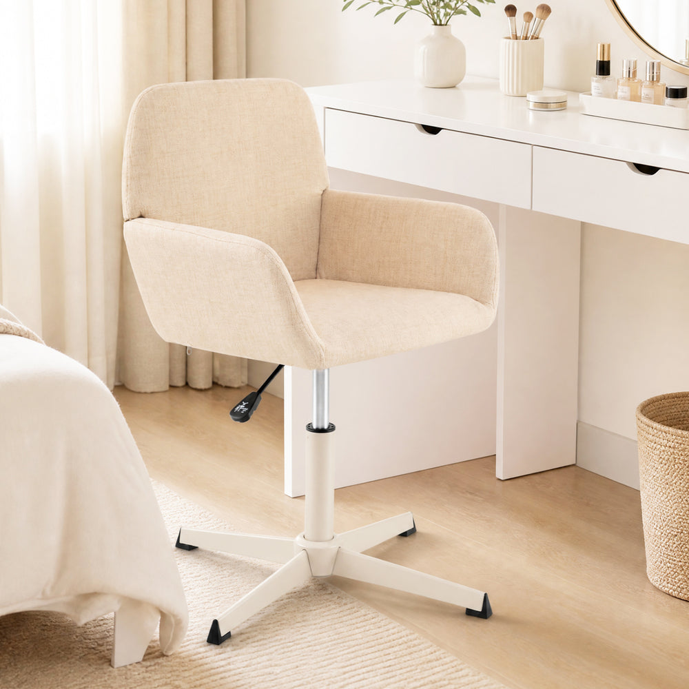 Beige vanity chair with back features 360° swivel, adjustable height, and ergonomic design for home office use.